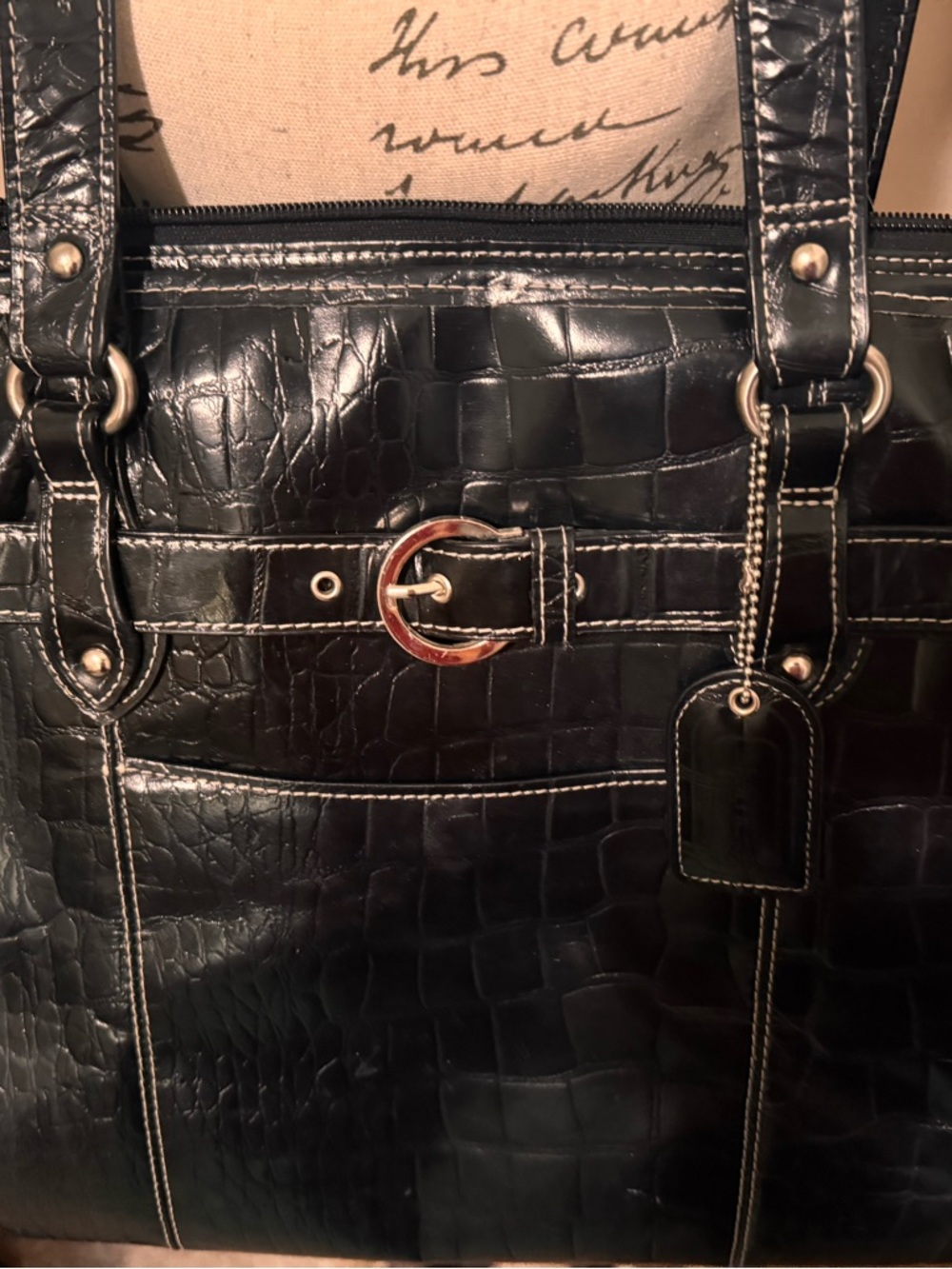 Black Croc-Embossed Tote Bag with Belt Detail